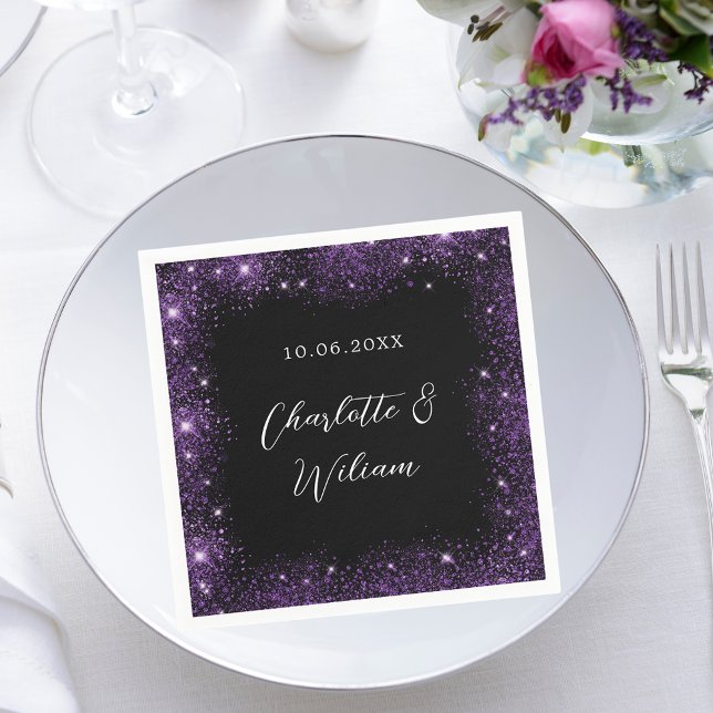 Black purple glitter script wedding napkin (Creator Uploaded)