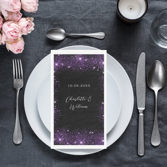 Black purple glitter script wedding napkin (Creator Uploaded)