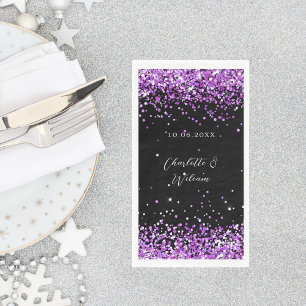 Black purple glitter script wedding napkin