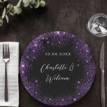 Black purple glitter script wedding paper plate<br><div class="desc">A stylish black background. Decorated with purple faux glitter,  sparkles.  Personalise and add your names and a date.</div>