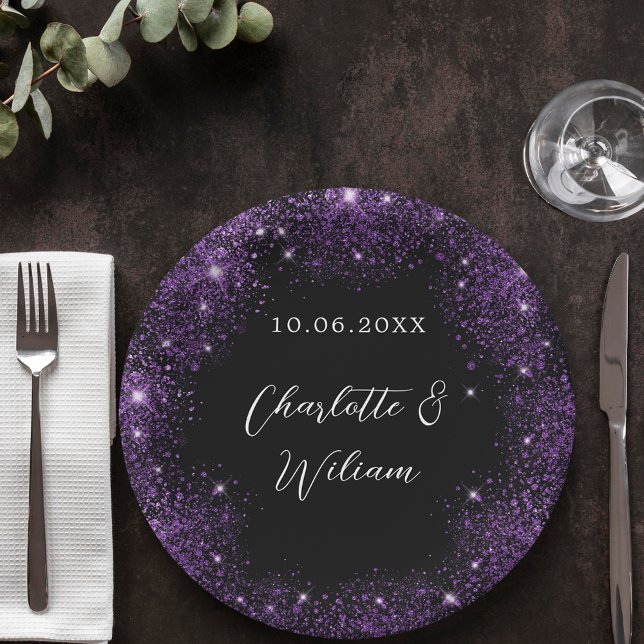 Black purple glitter script wedding paper plate (Creator Uploaded)