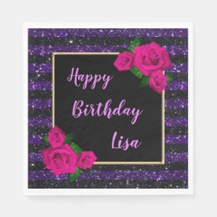 Black Purple Glitter Stripes Pink Roses Birthday Napkin