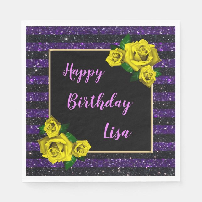 Black Purple Glitter Stripes Yellow Roses Birthday Napkin (Front)