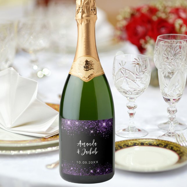Black purple glitter wedding sparkling wine label (Creator Uploaded)