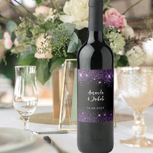 Black purple glitter wedding wine label