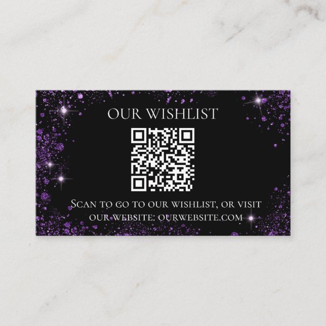 Black purple glitter wedding wishlist QR code Enclosure Card (Front)