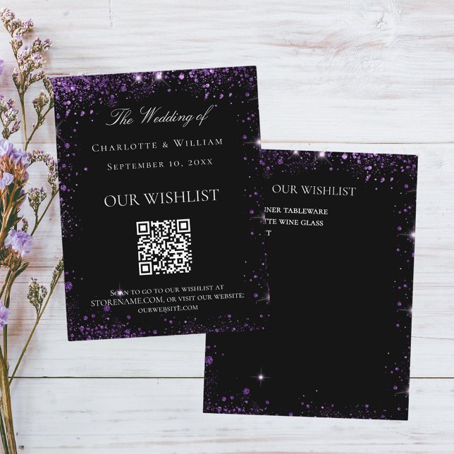 Black purple glitter wedding wishlist QR code Enclosure Card (Creator Uploaded)