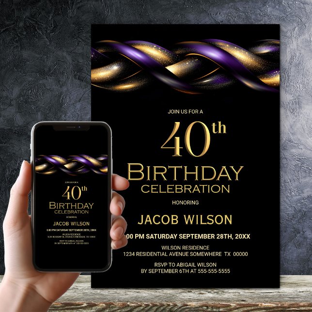 Black Purple Gold 40th Birthday Party Invitation (Creator Uploaded)