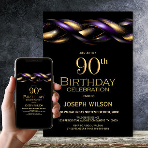 Black Purple Gold 90th Birthday Party Invitation