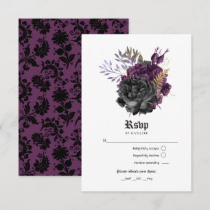 Black Purple Gold Floral Gothic Wedding RSVP Card