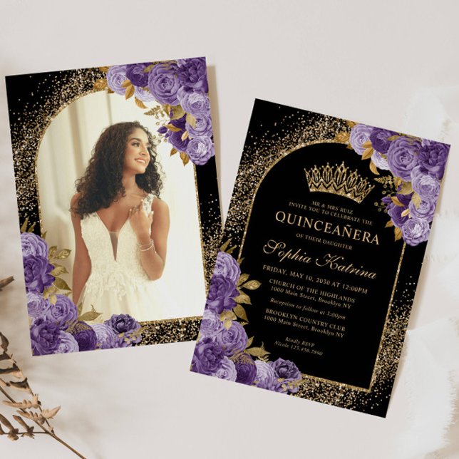 Black Purple Gold Glitter Floral Photo Quinceanera Invitation (Creator Uploaded)