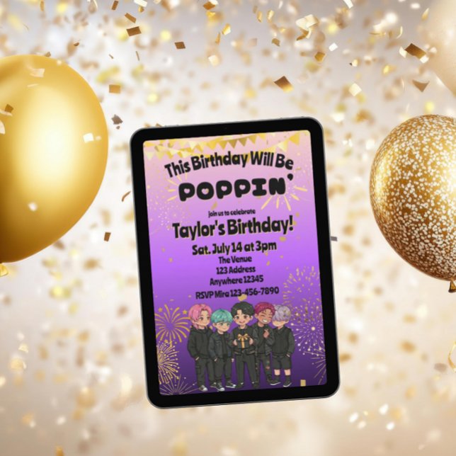 Black Purple Gold KPOP Boys Poppin' Birthday Invitation (Creator Uploaded)