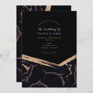 Black Purple & Gold Marble Chic Modern Wedding Invitation