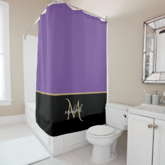 Black | Purple & Gold Monogram Elegant Luxury Shower Curtain