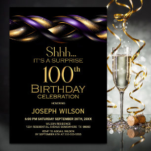 Black Purple Gold Surprise 100th Birthday Party Invitation