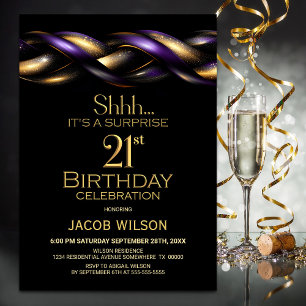 Black Purple Gold Surprise 21st Birthday Party Invitation
