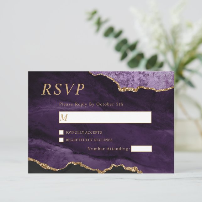 Black & Purple Gold Wedding RSVP Card (Standing Front)