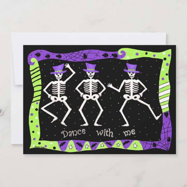 Black Purple Green Halloween Skeleton Bone Dance Invitation (Front)