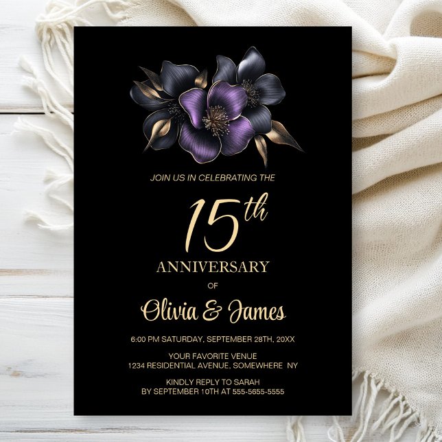 Black Purple Grey Floral 15th Anniversary Invitation (Creator Uploaded)