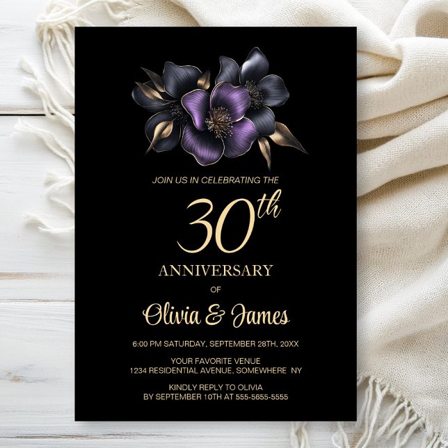 Black Purple Grey Floral 30th Anniversary Invitation (Creator Uploaded)