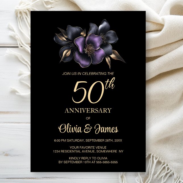 Black Purple Grey Floral 50th Anniversary Invitation (Creator Uploaded)