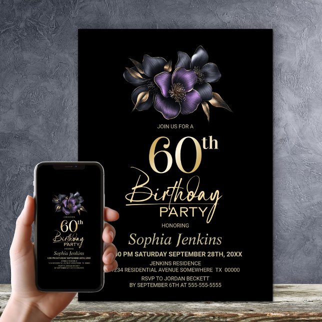 Black Purple Grey Floral 60th Birthday Party Invitation (Creator Uploaded)