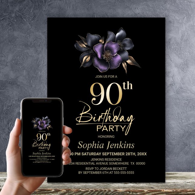 Black Purple Grey Floral 90th Birthday Party Invitation (Creator Uploaded)