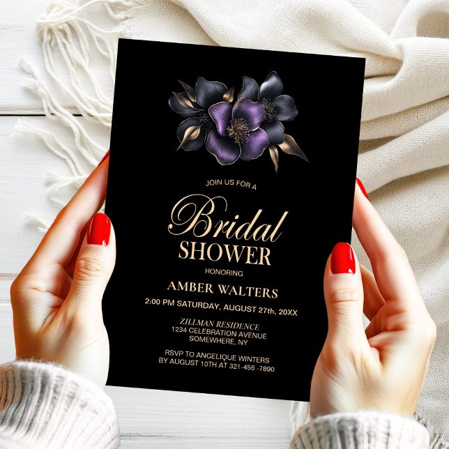 Black Purple Grey Floral Bridal Shower Invitation (Creator Uploaded)