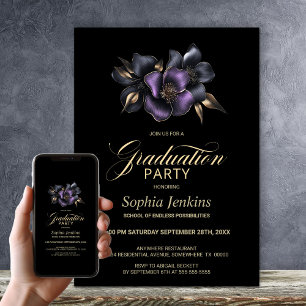 Black Purple Grey Floral Graduation Party Invitation