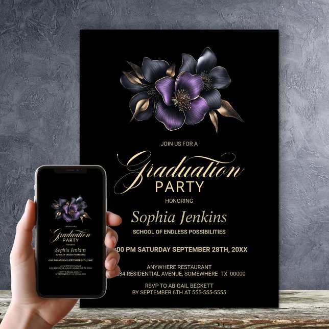 Black Purple Grey Floral Graduation Party Invitation (Creator Uploaded)