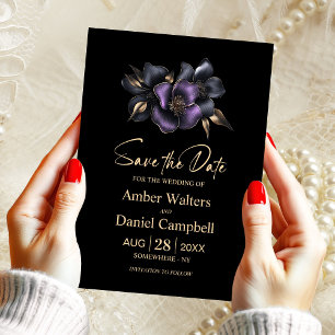 Black Purple Grey Floral Save the Date Invitation