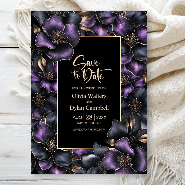 Black Purple Grey Floral Wedding Save the Date Invitation (Creator Uploaded)
