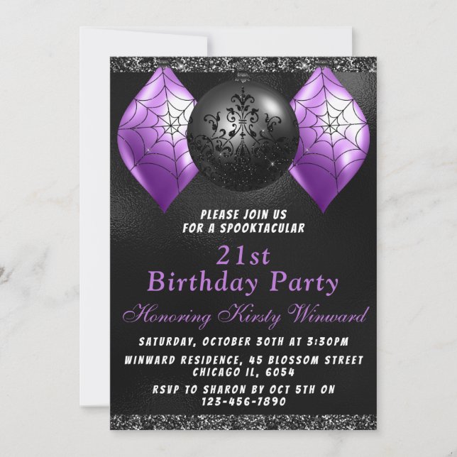 Black Purple Halloween Ornaments Birthday Party Invitation (Front)