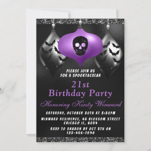 Black Purple Halloween Ornaments Birthday Party Invitation
