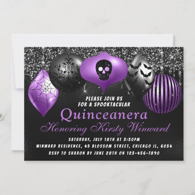 Black Purple Halloween Ornaments Quinceanera Invitation (Front)