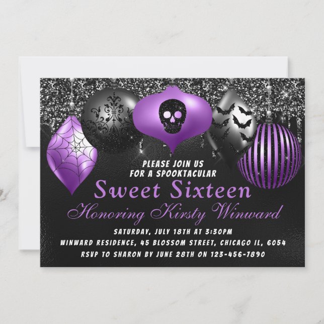 Black Purple Halloween Ornaments Sweet 16 Invitation (Front)