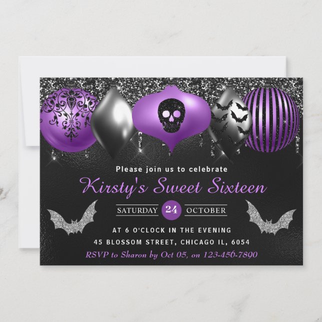 Black & Purple Halloween Ornaments Sweet Sixteen Invitation (Front)