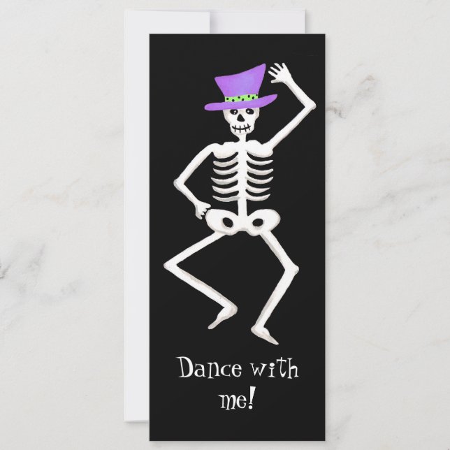 Black Purple Halloween Skeleton Dancing Bones Invitation (Front)