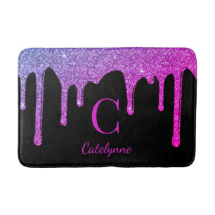 Black Purple Hot Pink Dripping Glitter Monogram Bath Mat