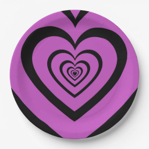 Black Purple Hypnotic Heart Love Pattern Paper Plate