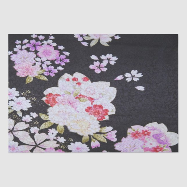 Black Purple Japanese Kimono Floral Decoupage Tissue Paper (Front)