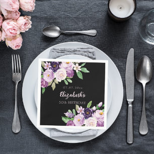 Black purple lavender pink florals birthday napkin