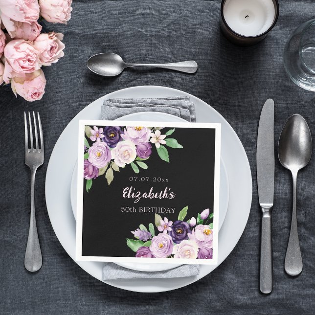 Black purple lavender pink florals birthday napkin (Creator Uploaded)