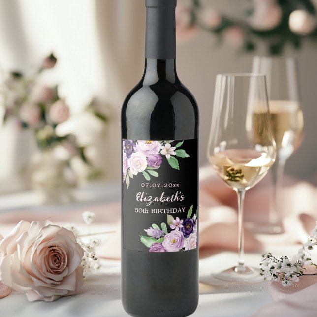 Black purple lavender pink florals birthday wine label (Creator Uploaded)