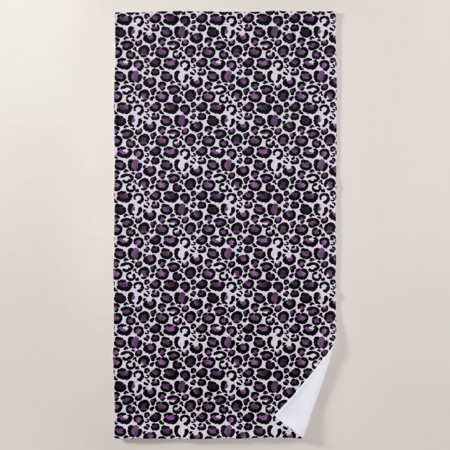 Black Purple Leopard Print Beach Towel (Front)
