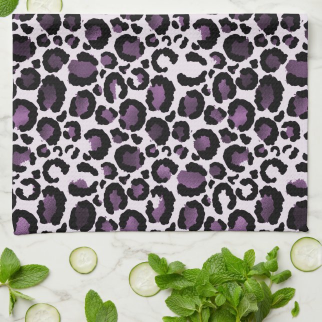 Black Purple Leopard Print Tea Towel (Folded)