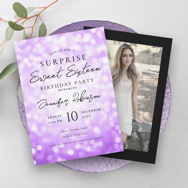 Black Purple Lights Photo SURPRISE Sweet 16   Invitation (Black Purple Lights Photo SURPRISE Sweet 16 Invitation)