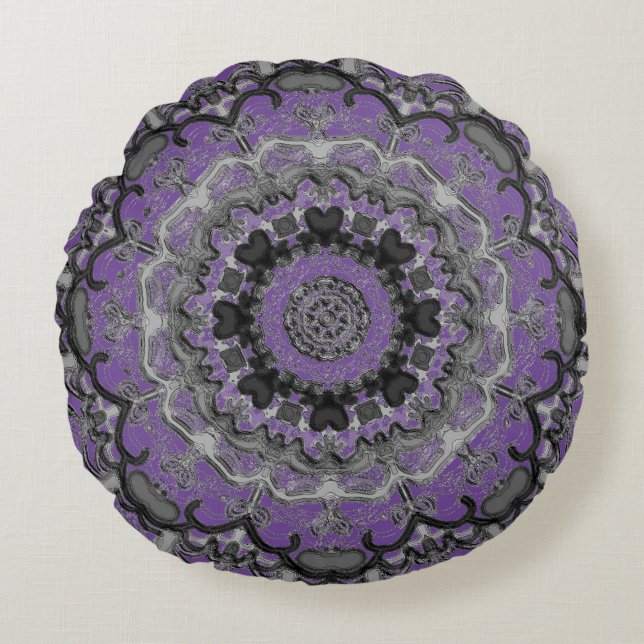 Black & Purple Mandala Round Pillow (Front)