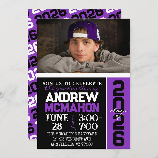 Black & Purple Modern Graduation Photo Invitation ( Repeating Class Year 1 & 2 Photo Graduation Invitations & Announcements)