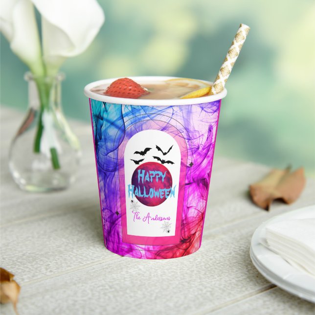 Black Purple Modern Spooky Bats Happy Halloween Paper Cups (Insitu)